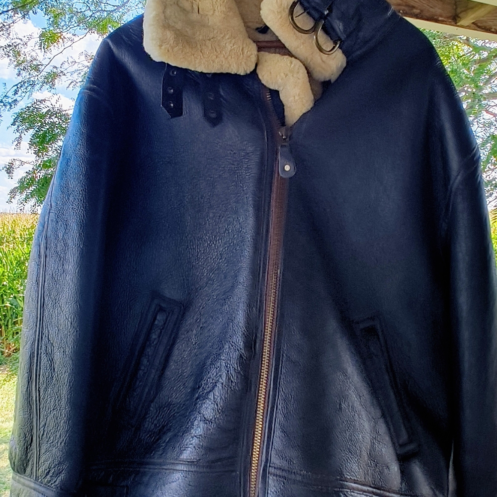 Cabela's Black Leather Bomber Jacket with Cream Shearling